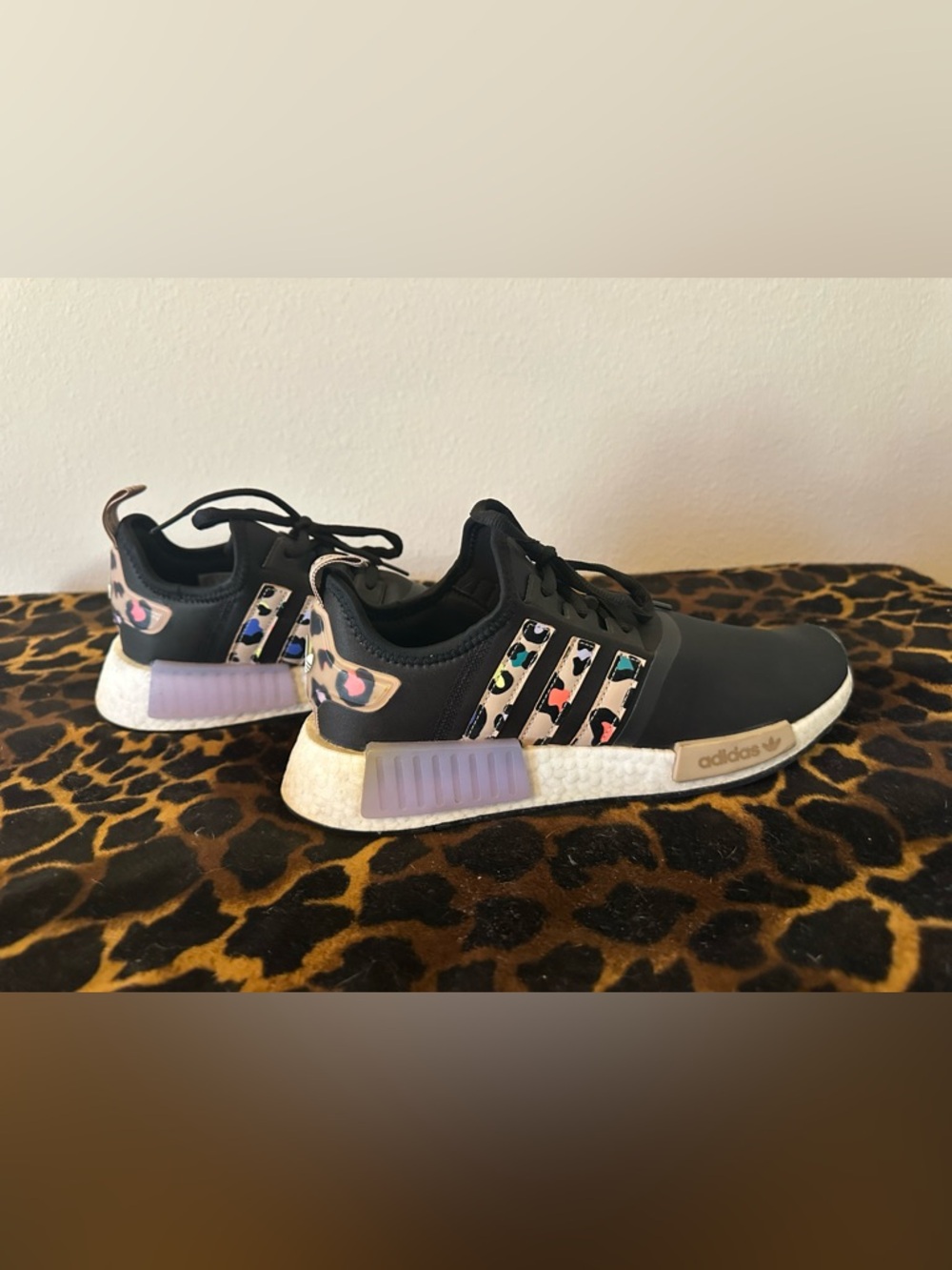 Adidas Black NMD Sneakers with Multicolor Leopard Stripes